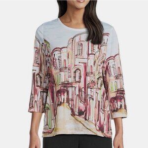 Allison Daley Embellished Rue Paris Print 3/4 Sleeve Crew Neck Knit Top M Defect